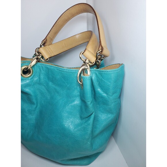 Maurizio Taiuti Italian Teal Blue Leather Mini Handbag 2 Handle Bucket - Picture 2 of 8